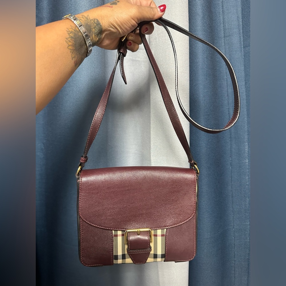 BURBERRY
Burgundy Horseferry Check Canvas And Leather Small Dickens Crossbody
